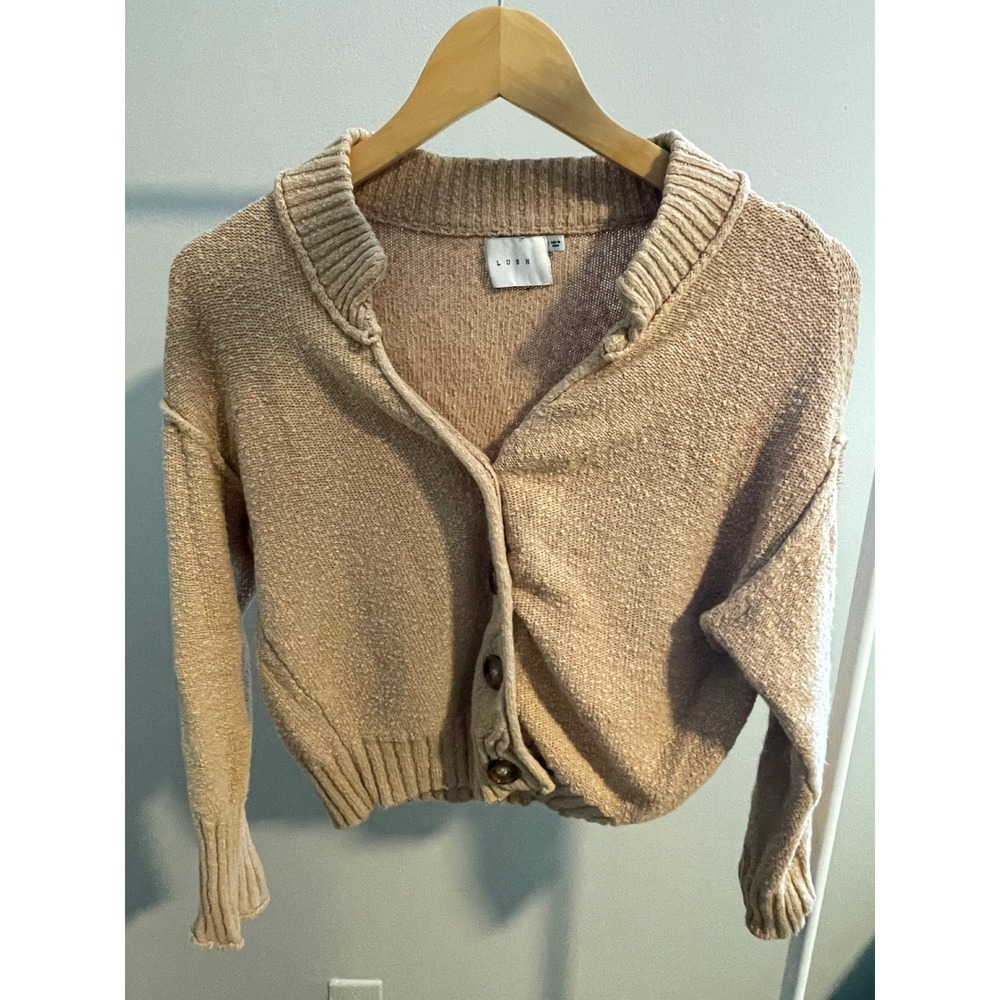 Lush Womens Tan Textured Boucle Knit Cropped Cardigan Sweater Small